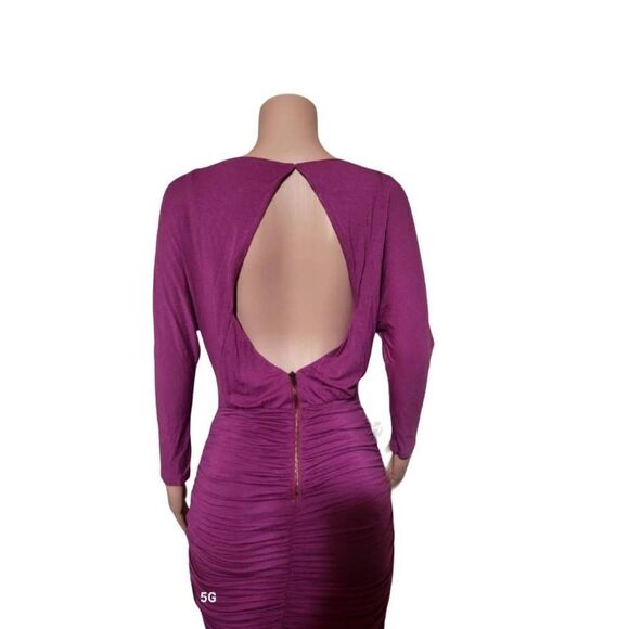 Women's mock neck midi long sleeve open back purple ruched dress M - Picture 3 of 5